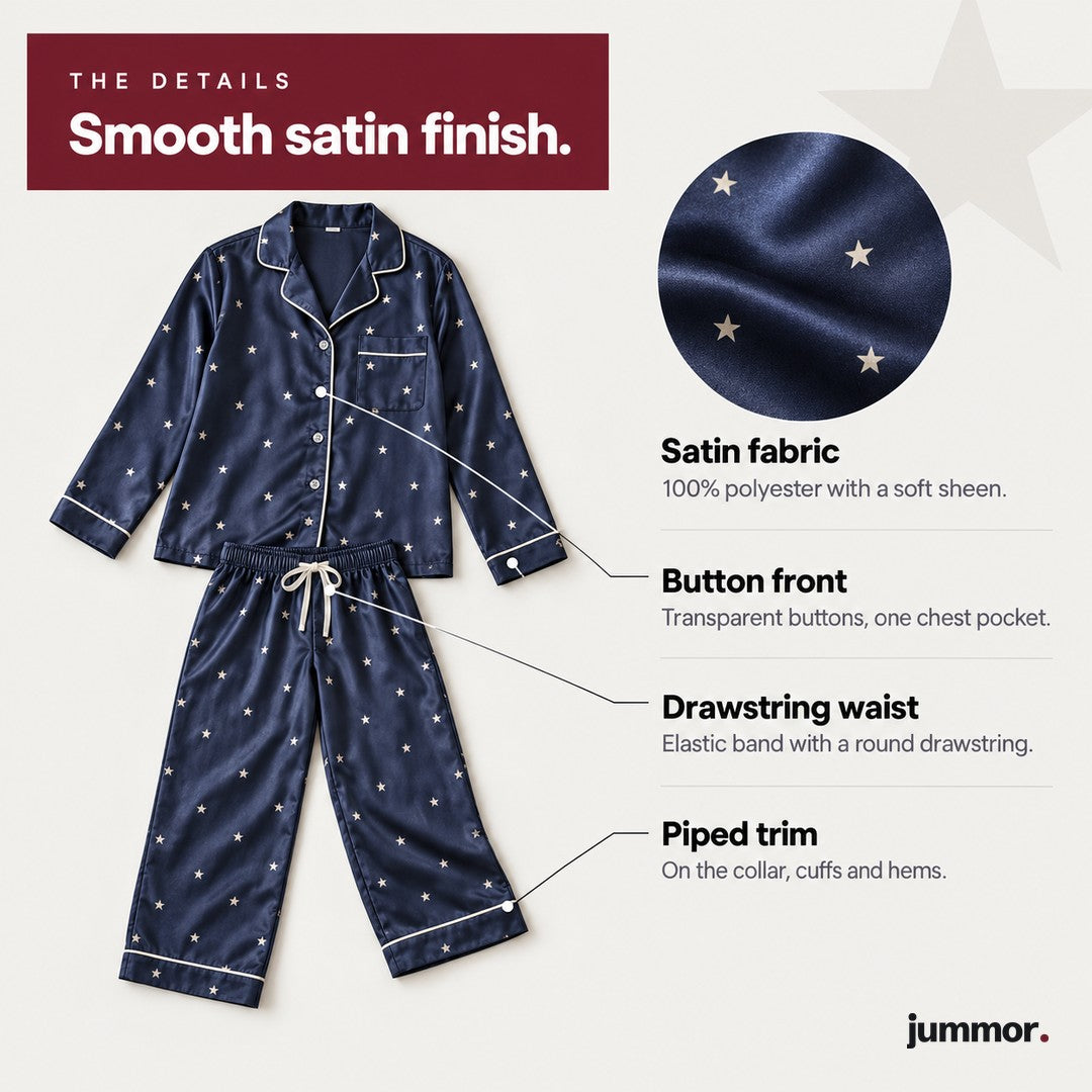Satin pajama set details: satin fabric, button front, drawstring waist, piped trim