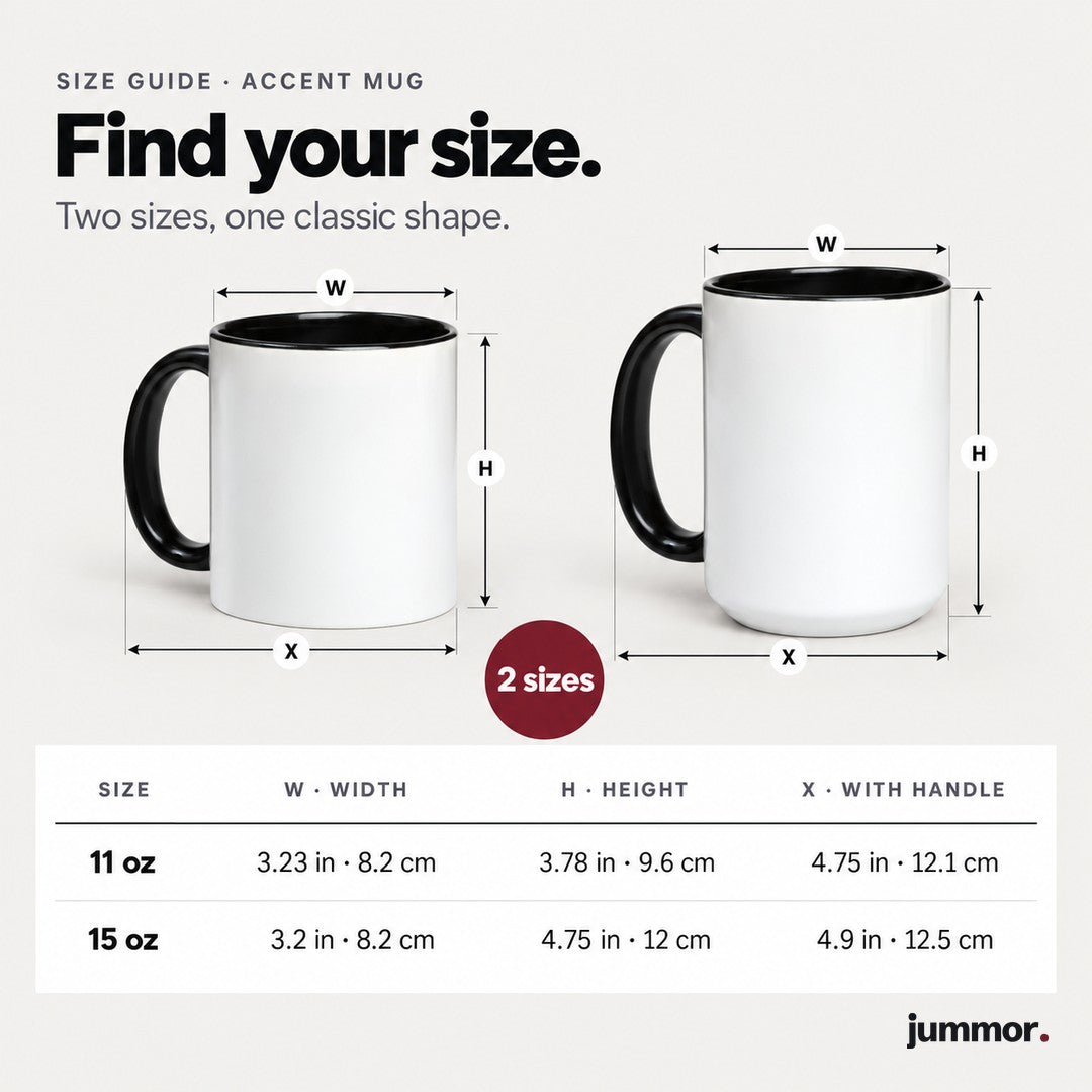 Accent mug size guide: 11 oz and 15 oz with width, height and width with handle