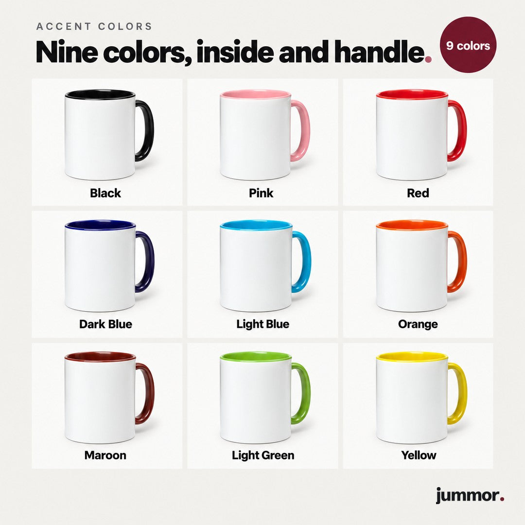 Accent mug colors: black, pink, red, dark blue, light blue, orange, maroon, light green and yellow