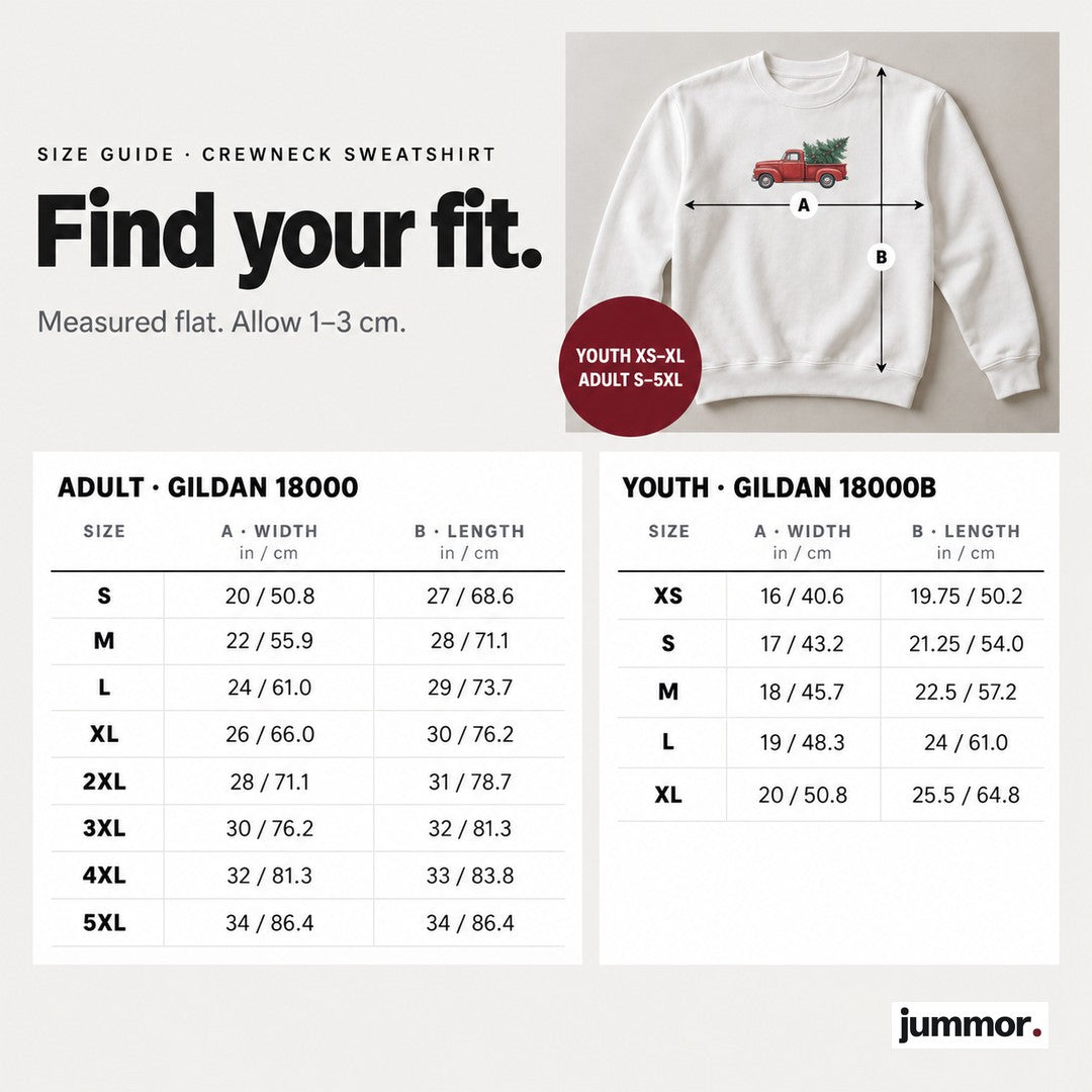Crewneck sweatshirt size guide, adult S–5XL and youth XS–XL