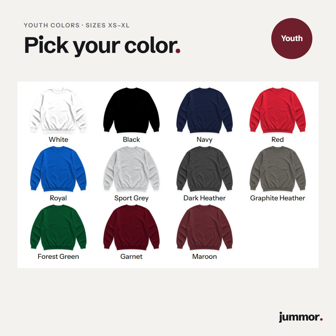 Youth sweatshirt colors: White, Black, Navy, Red, Royal, Sport Grey, Dark Heather, Graphite Heather, Forest Green, Garnet, Maroon