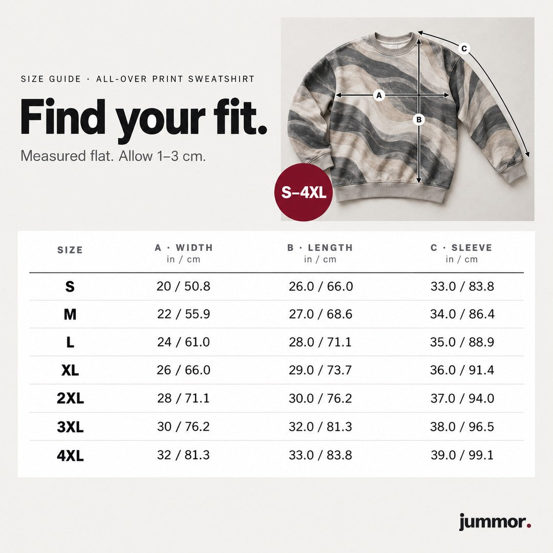 All-over print sweatshirt size guide
