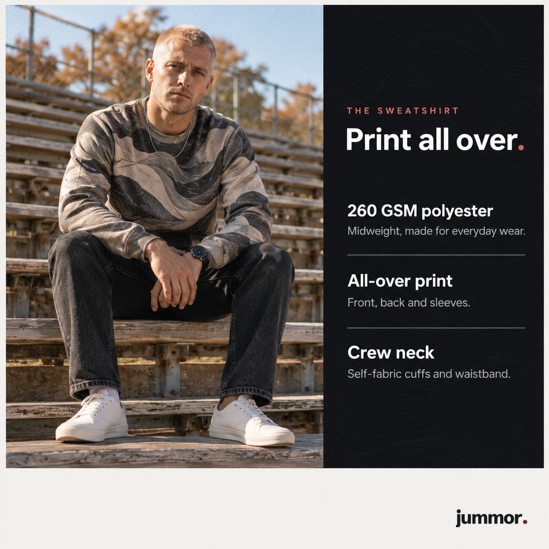All-over print sweatshirt fabric and print detail