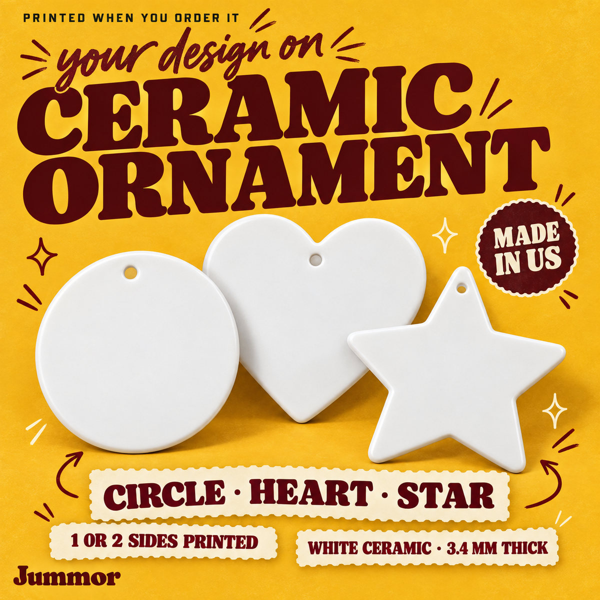 Ceramic ornament overview: circle, heart and star shapes, made in US