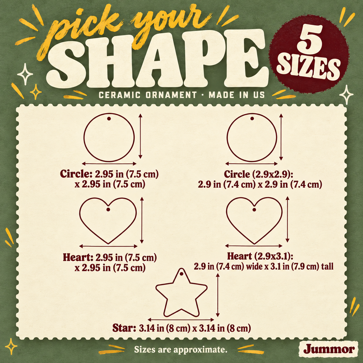 Ceramic ornament size guide for circle, heart and star shapes