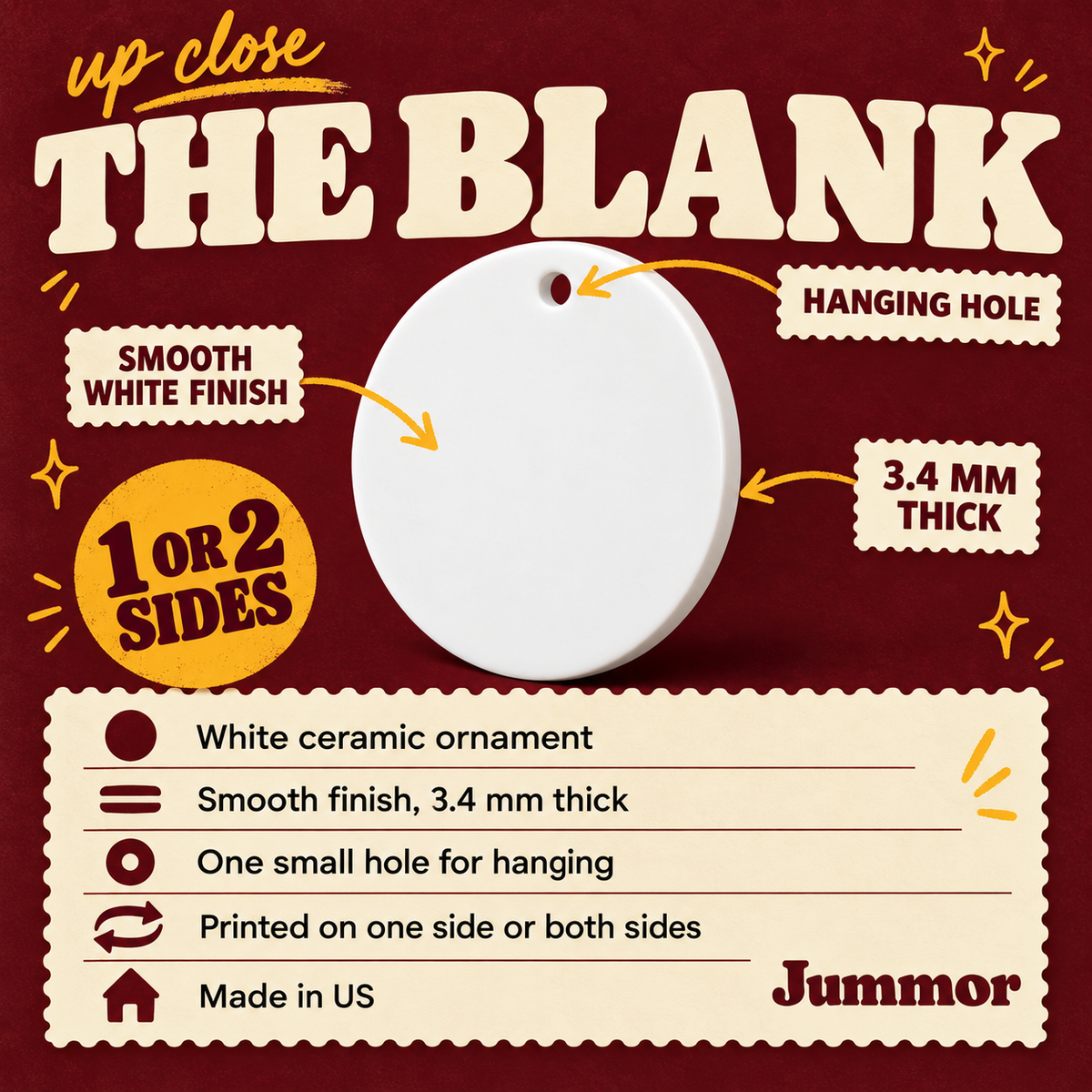 Ceramic ornament blank details: 3.4 mm thick white ceramic with a hanging hole