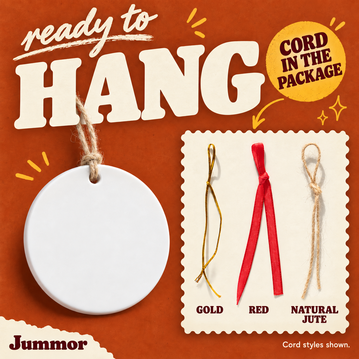 Hanging cord styles in the package: gold, red and natural jute