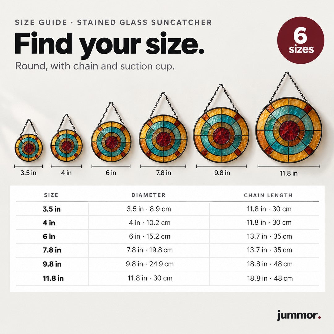 Stained glass suncatcher size guide, six round sizes