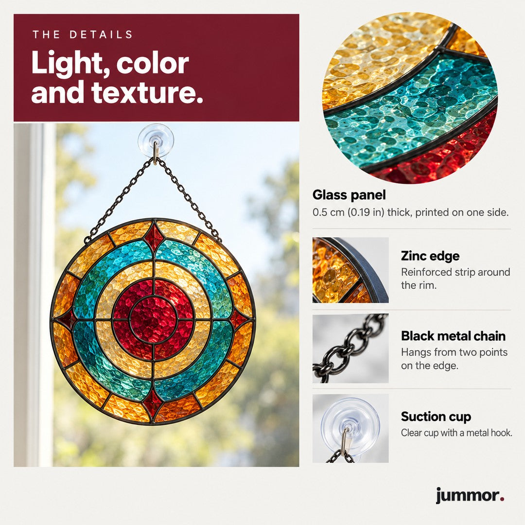 Stained glass suncatcher details: glass, zinc edge, black metal chain, suction cup