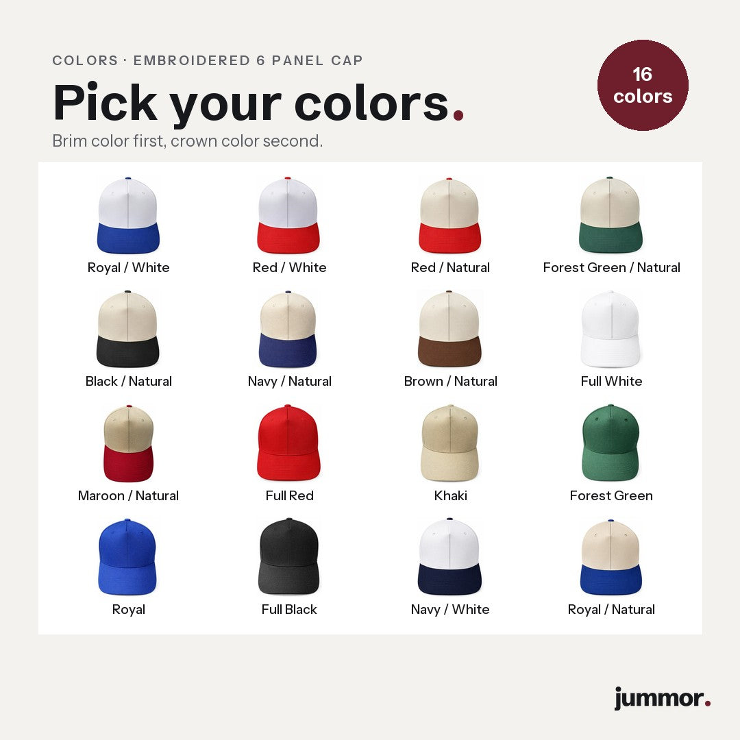 Embroidered 6 panel baseball cap in 16 brim and crown color combinations