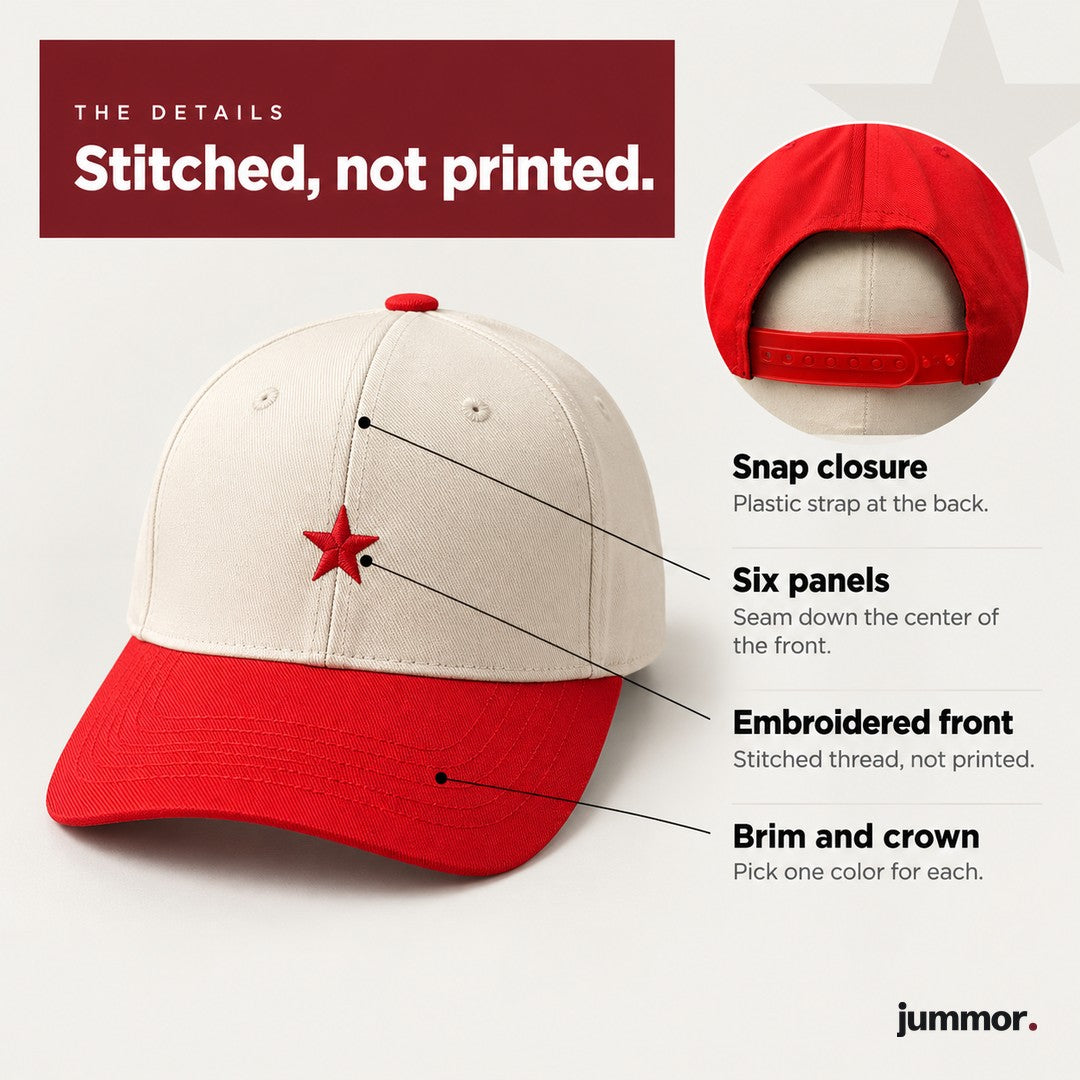 Embroidered baseball cap details: snap closure, six panels, embroidered front, brim