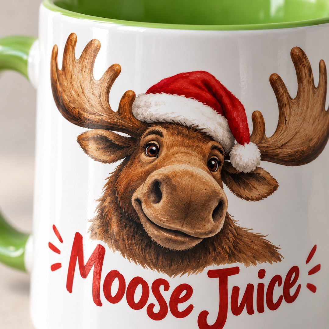 Close-up of the Moose Juice print on glossy white ceramic