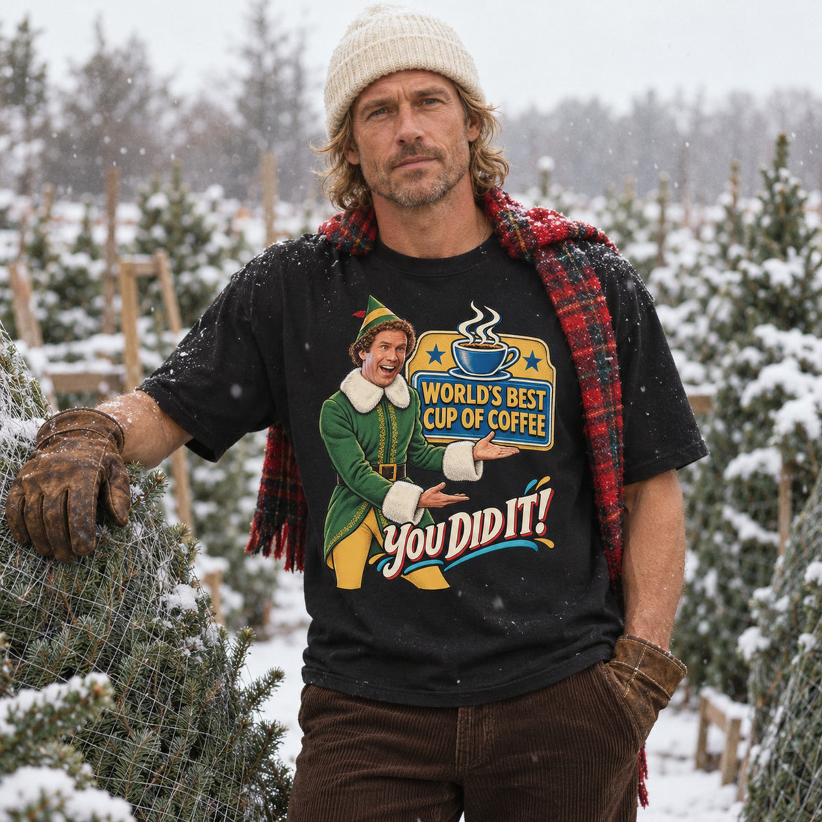World's Best Cup of Coffee Elf Christmas T-Shirt, worn by a model