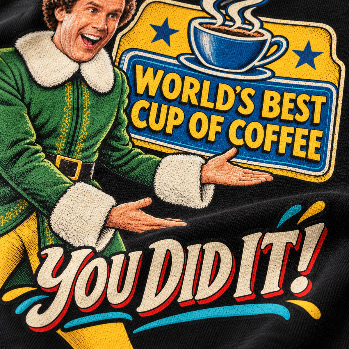 World's Best Cup of Coffee Elf Christmas T-Shirt, close-up of the print