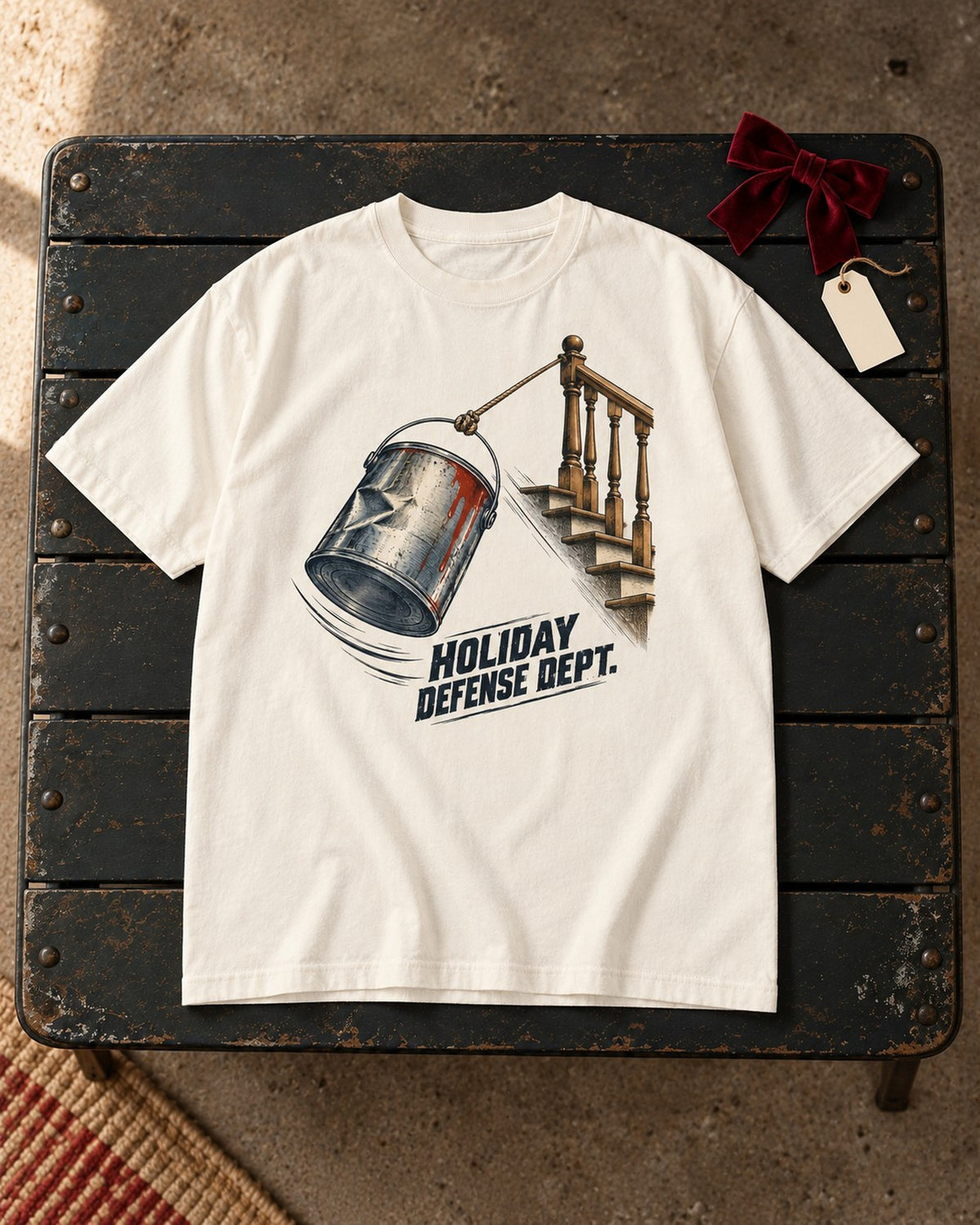 Holiday Defense Dept Paint Can Christmas T-Shirt, laid flat