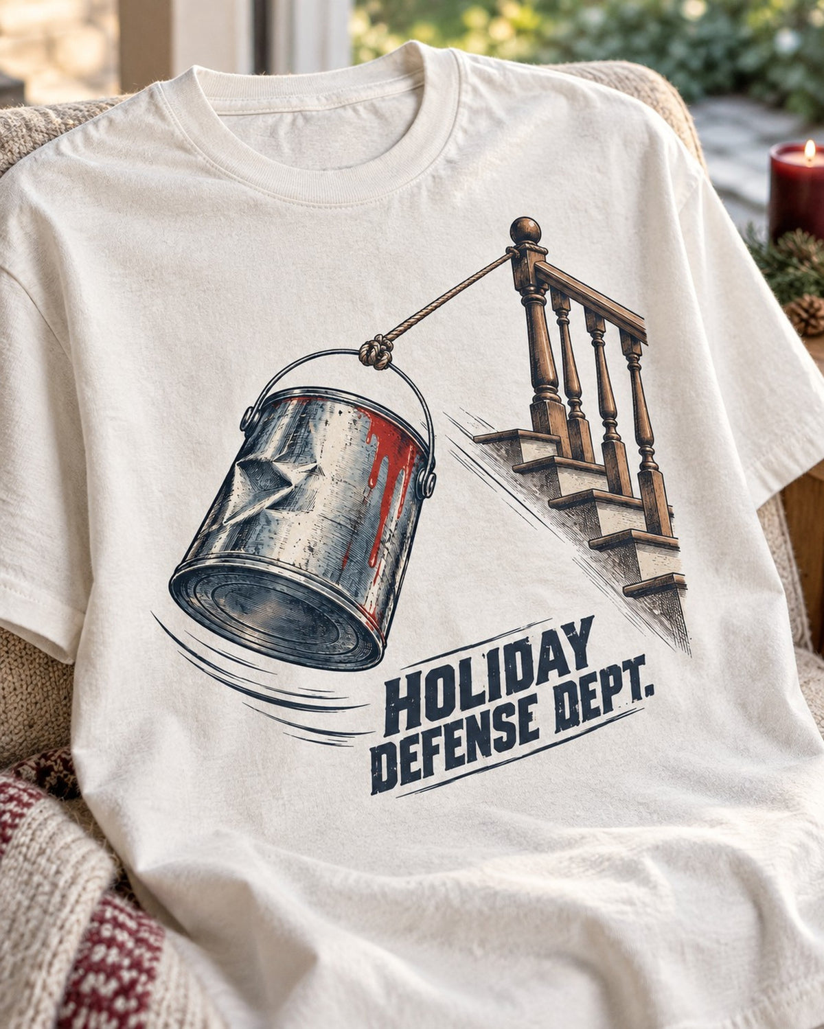 Holiday Defense Dept Paint Can Christmas T-Shirt, close-up of the print