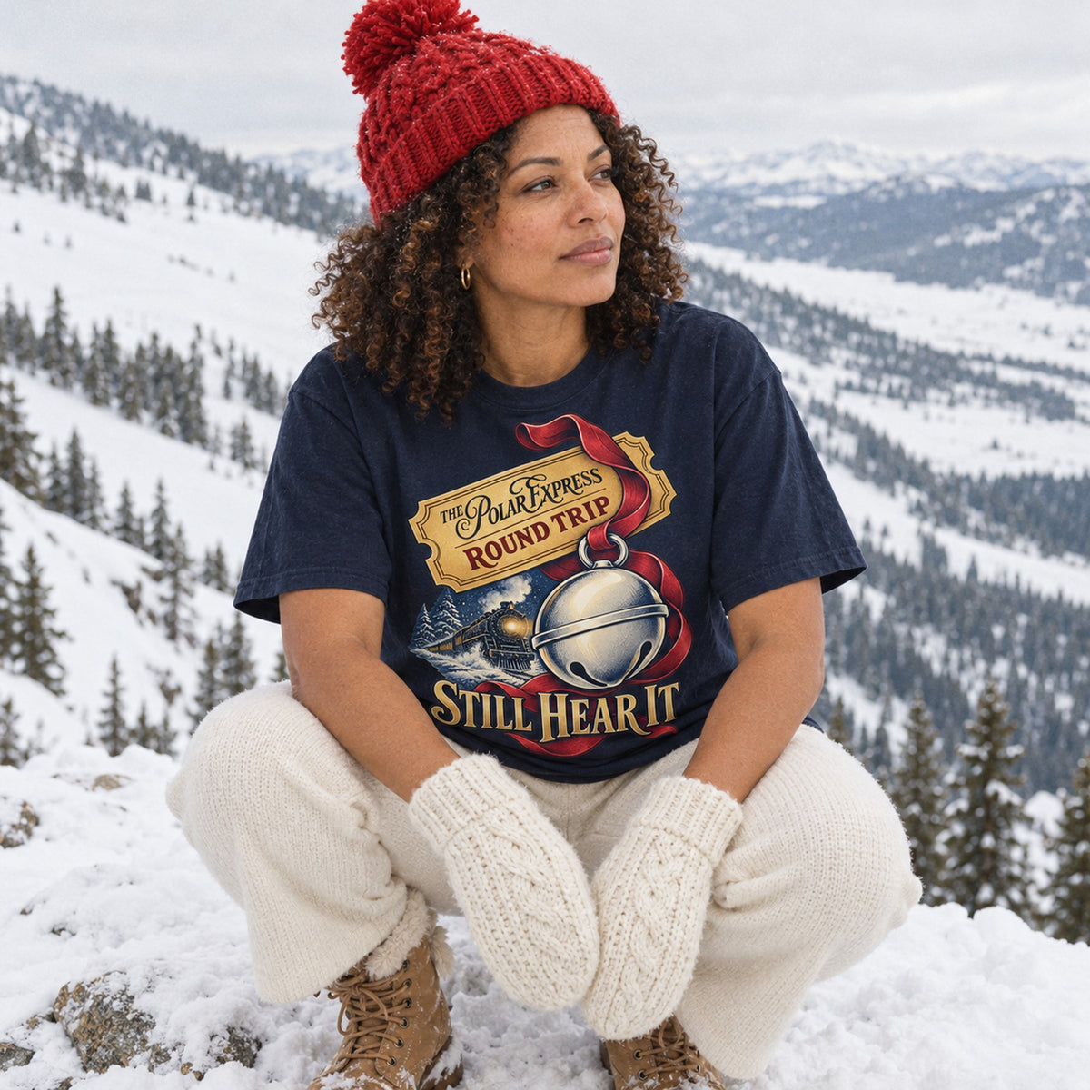 Still Hear It Sleigh Bell Christmas Train T-Shirt, worn by a model