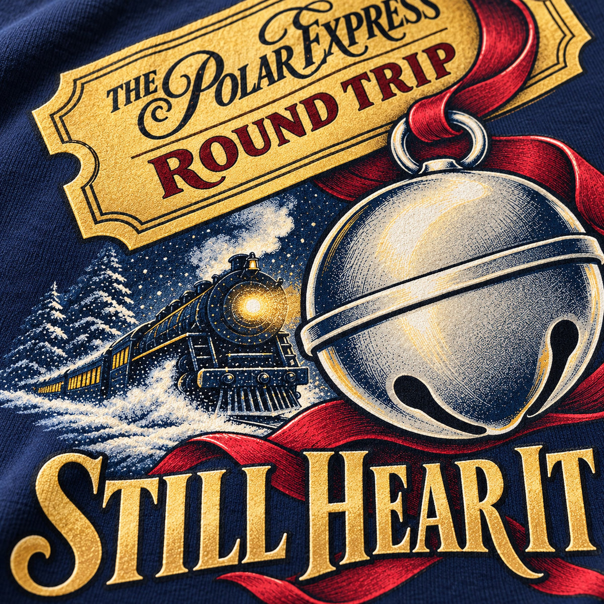 Still Hear It Sleigh Bell Christmas Train T-Shirt, close-up of the print