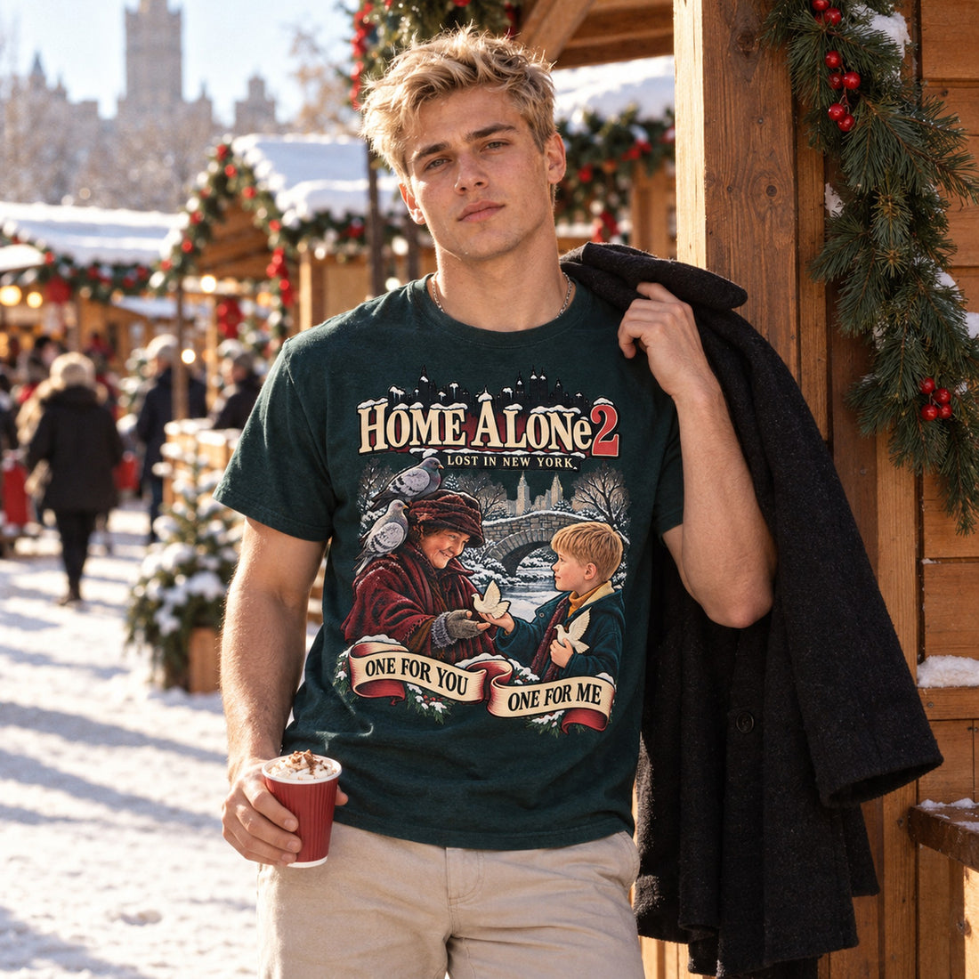 One for You One for Me Turtle Doves Christmas T-Shirt, folded on a warm grey backdrop
