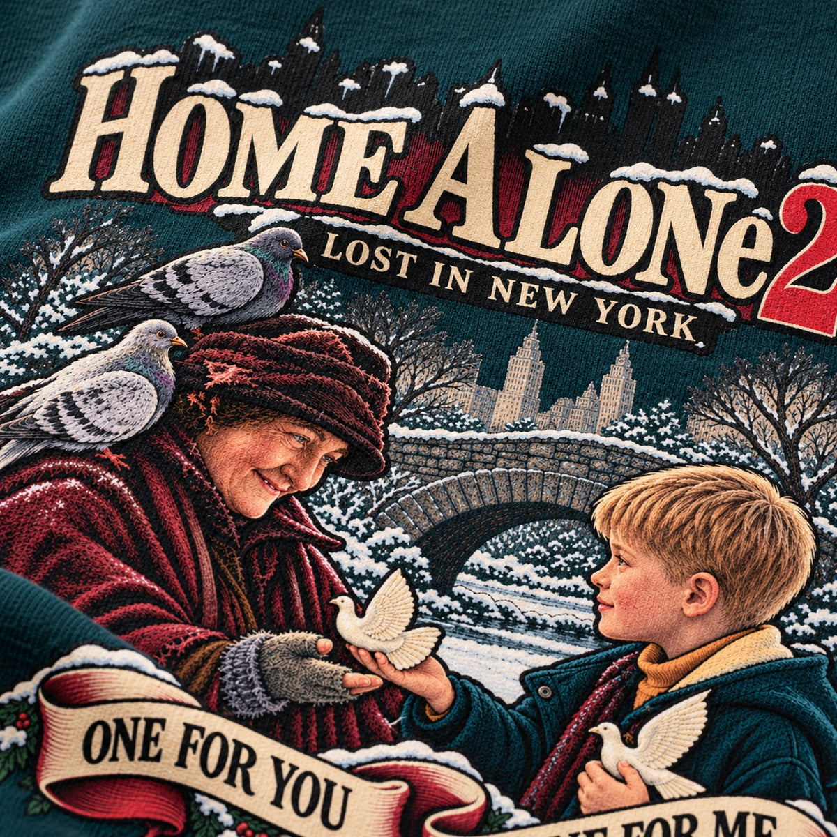 One for You One for Me Turtle Doves Christmas T-Shirt, close-up of the print