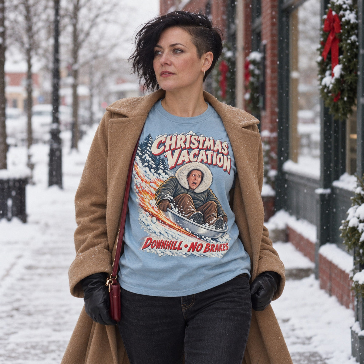 Downhill No Brakes Saucer Sled Christmas T-Shirt, worn by a model