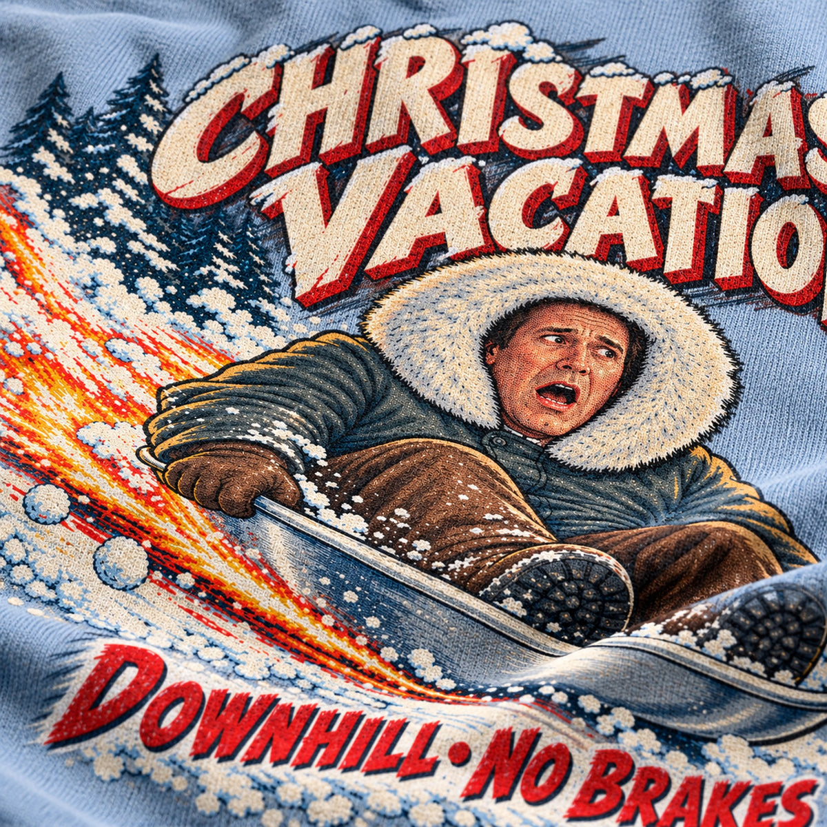 Downhill No Brakes Saucer Sled Christmas T-Shirt, close-up of the print