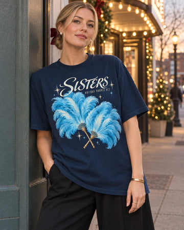 Sisters Holiday Double Act Feather Fan T-Shirt, worn by a model