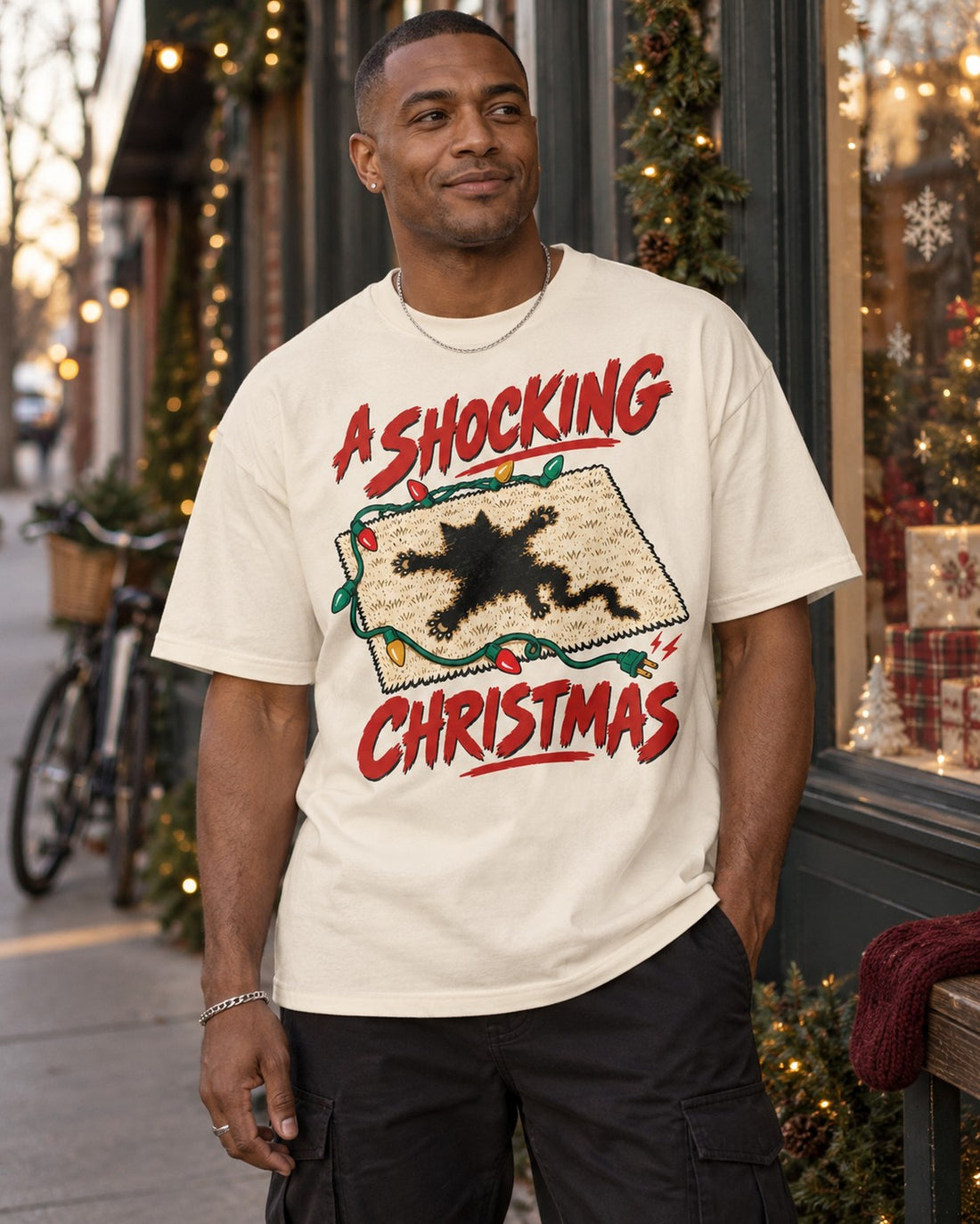 A Shocking Christmas Lights Graphic T-Shirt, worn by a model