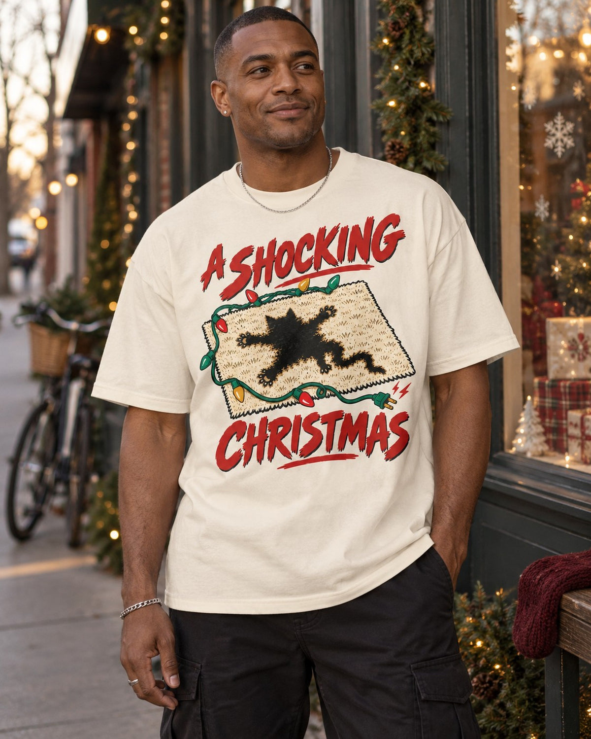 A Shocking Christmas Lights Graphic T-Shirt, worn by a model