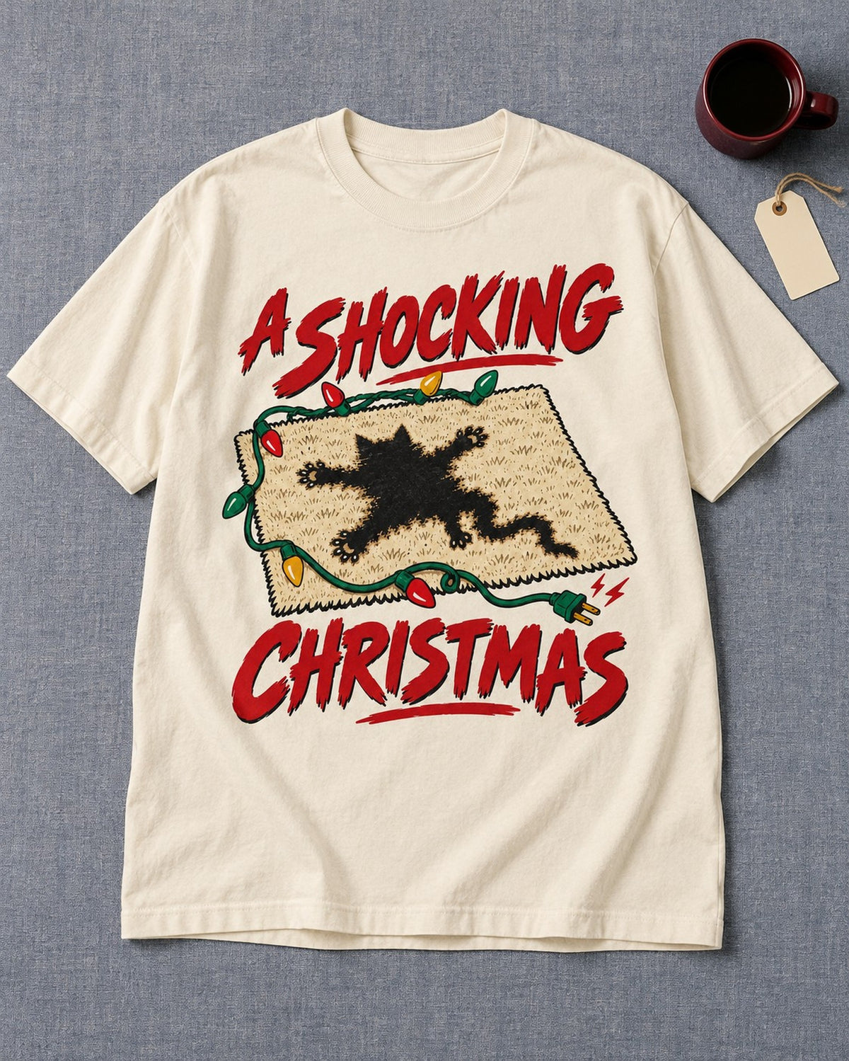 A Shocking Christmas Lights Graphic T-Shirt, laid flat