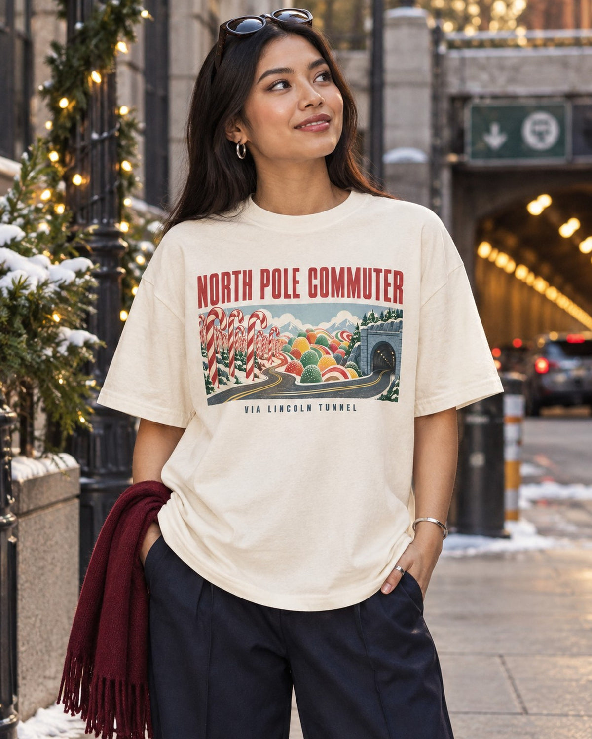 North Pole Commuter Candy Cane Road Christmas T-Shirt, worn by a model