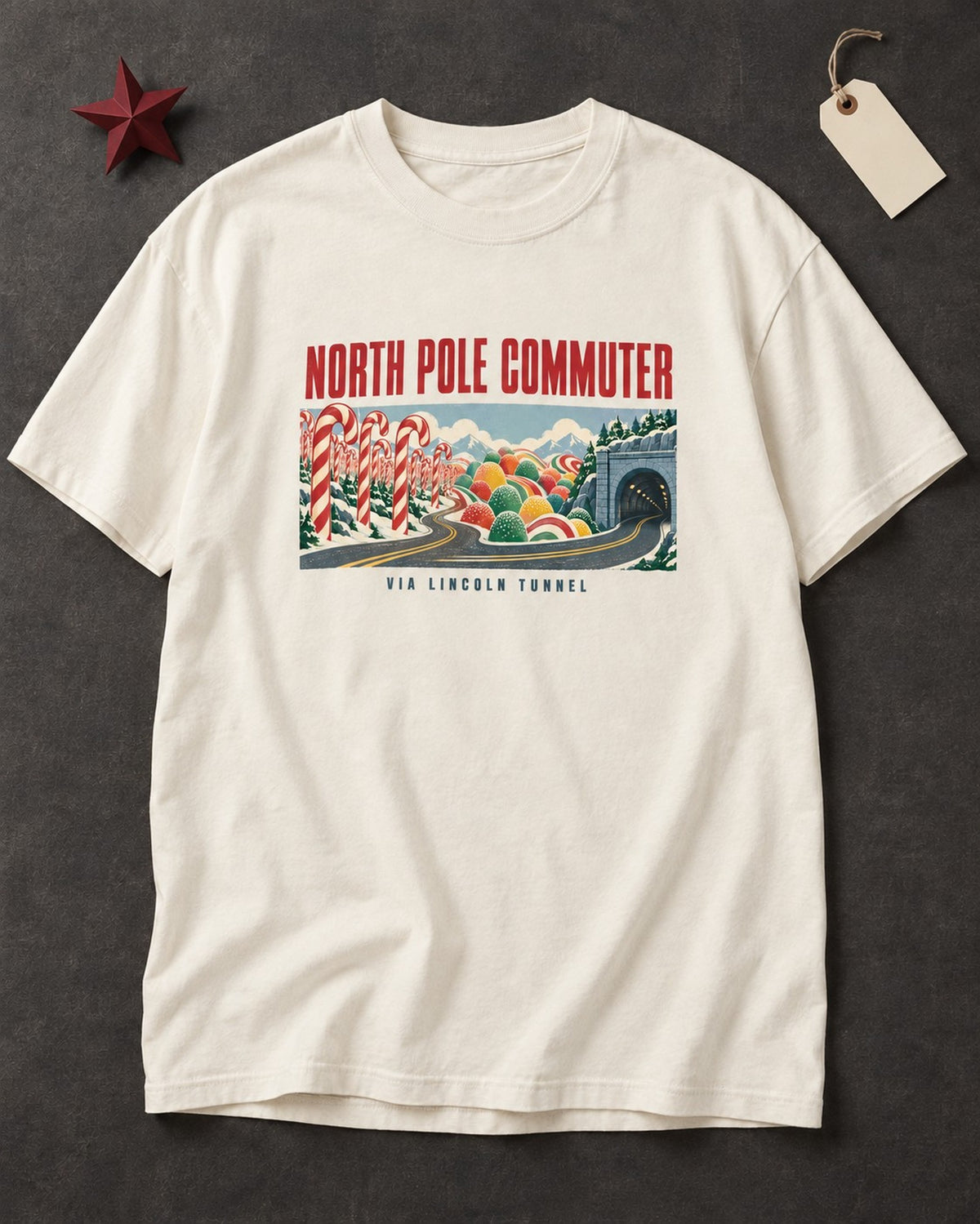 North Pole Commuter Candy Cane Road Christmas T-Shirt, laid flat