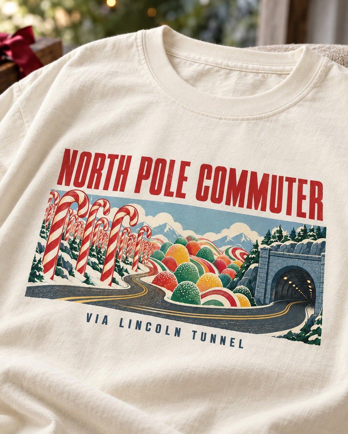 North Pole Commuter Candy Cane Road Christmas T-Shirt, close-up of the print