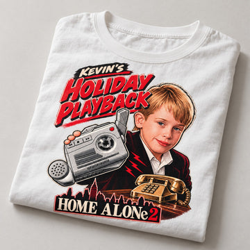 Holiday Playback Cassette Recorder Christmas T-Shirt, folded on a warm grey backdrop