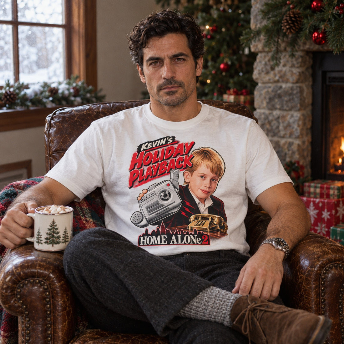 Holiday Playback Cassette Recorder Christmas T-Shirt, folded on a warm grey backdrop