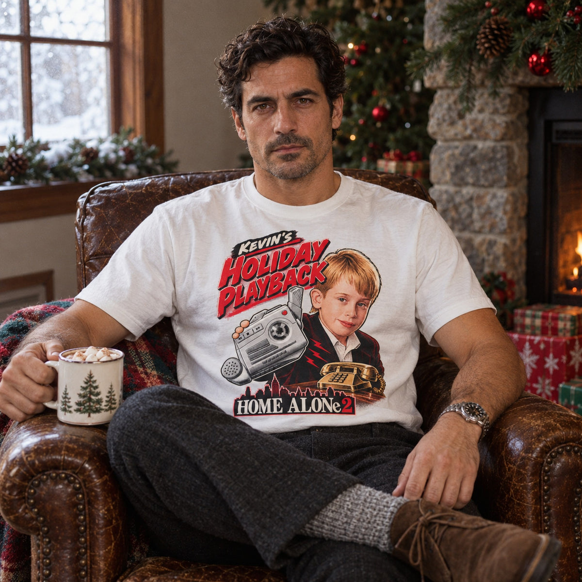 Holiday Playback Cassette Recorder Christmas T-Shirt, worn by a model