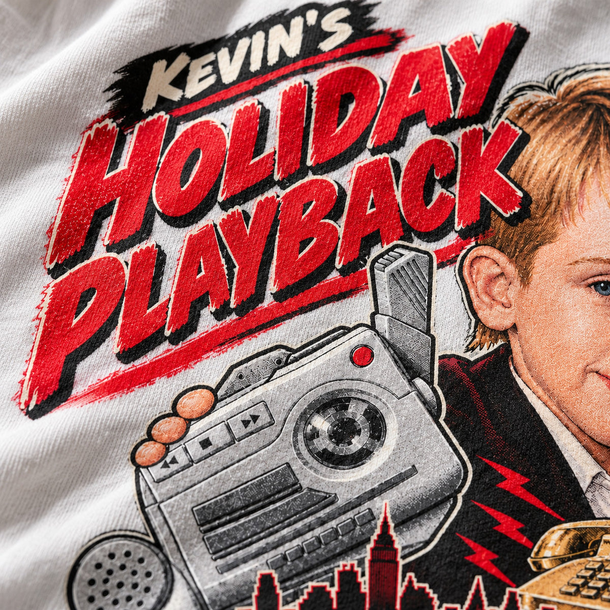 Holiday Playback Cassette Recorder Christmas T-Shirt, close-up of the print