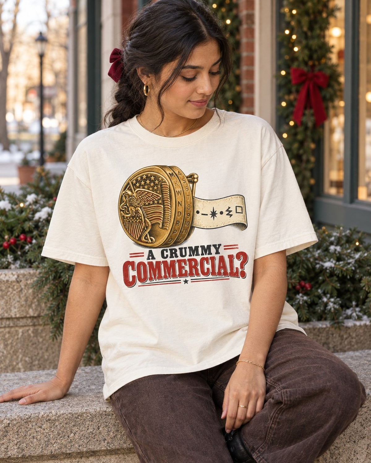 A Crummy Commercial Decoder Ring Christmas T-Shirt, worn by a model
