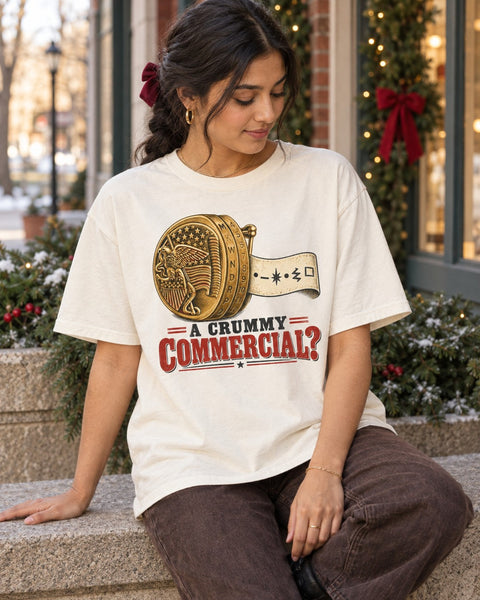 A Crummy Commercial Decoder Ring Christmas T-Shirt, worn by a model
