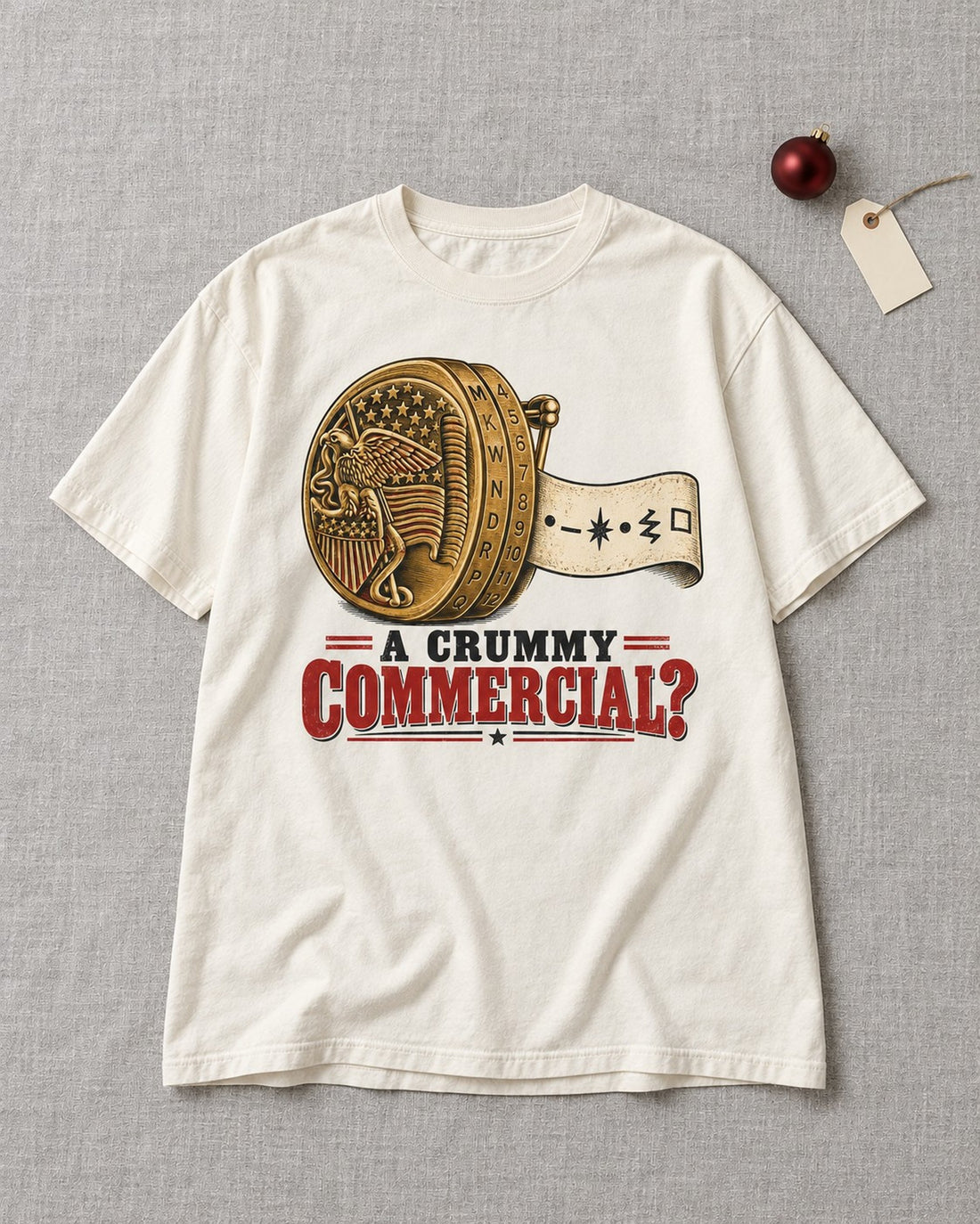 A Crummy Commercial Decoder Ring Christmas T-Shirt, worn by a model