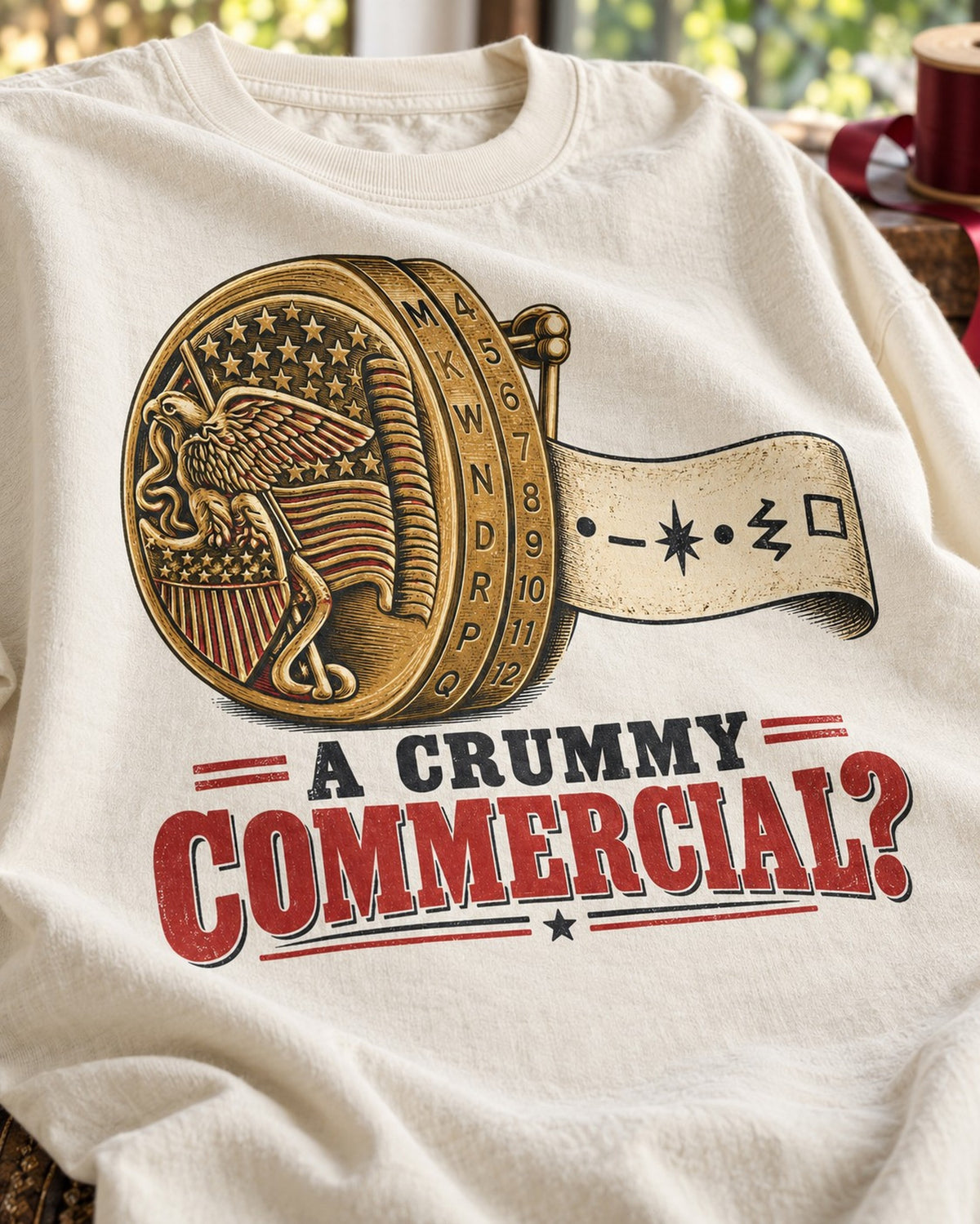 A Crummy Commercial Decoder Ring Christmas T-Shirt, close-up of the print