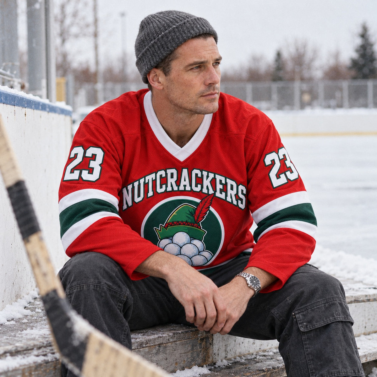 Man in a red Nutcrackers 23 hockey jersey and grey beanie sitting beside an outdoor ice rink