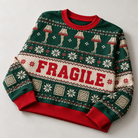 Forest-green Fair Isle sweatshirt with a cream FRAGILE band, leg lamps and wooden crates