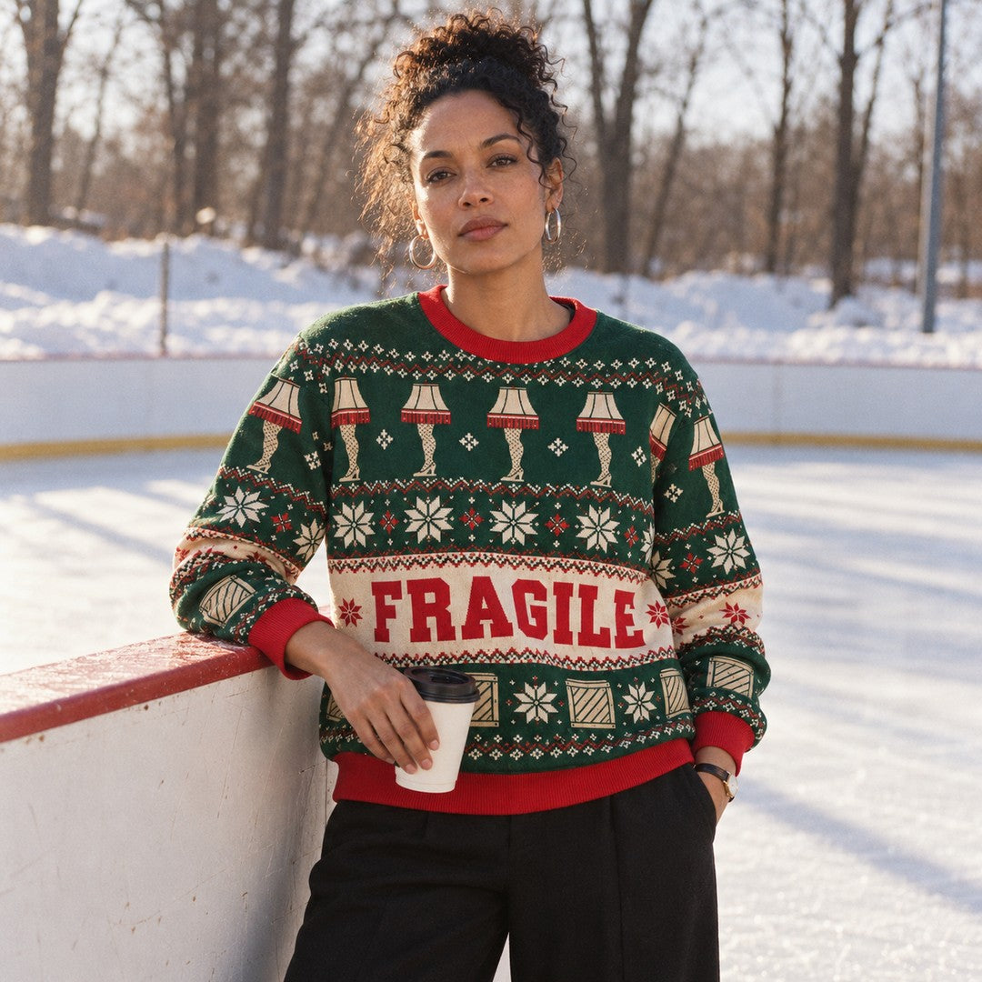 Forest-green Fair Isle sweatshirt with a cream FRAGILE band, leg lamps and wooden crates