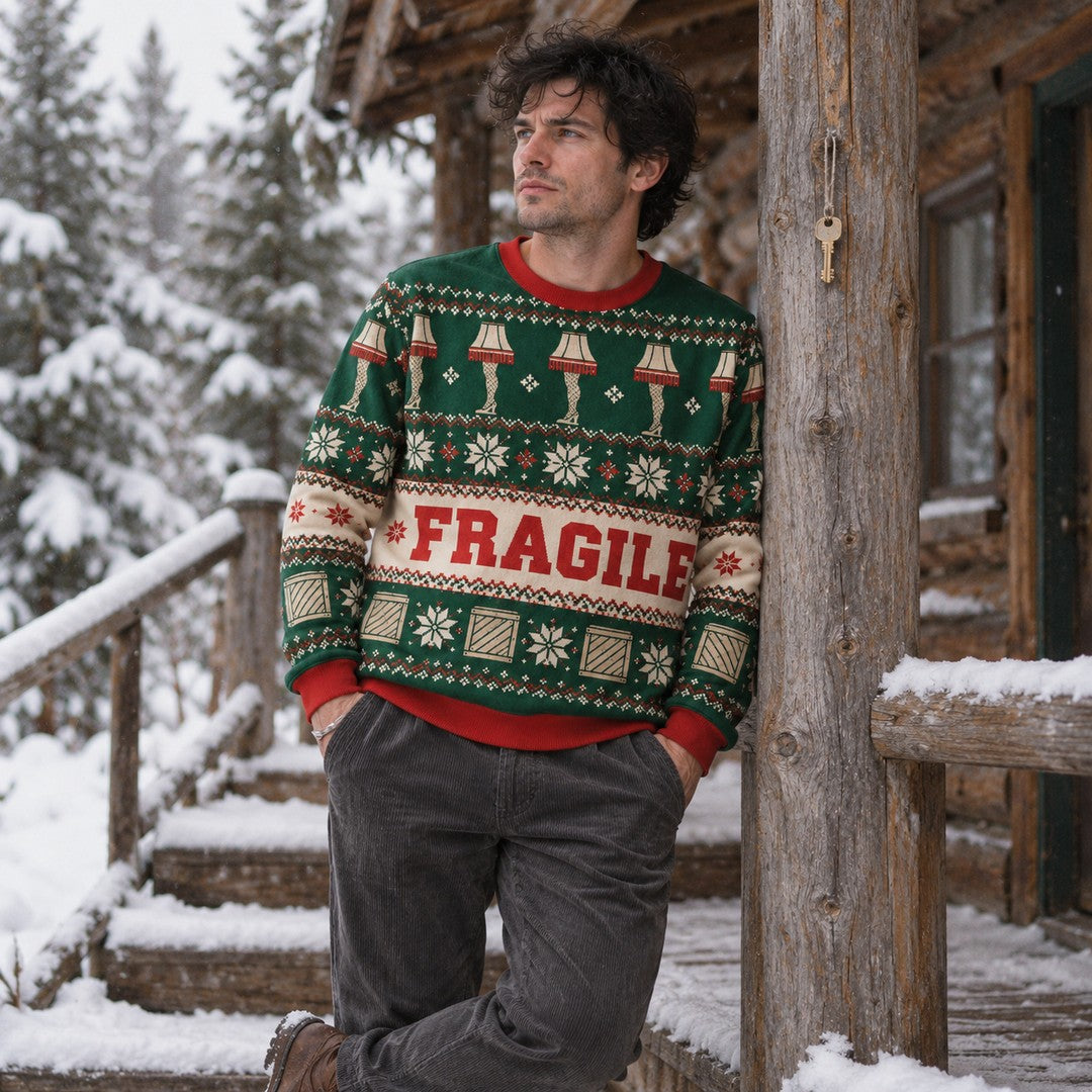 Man leaning on a log cabin porch post in the snow wearing the FRAGILE Fair Isle sweatshirt