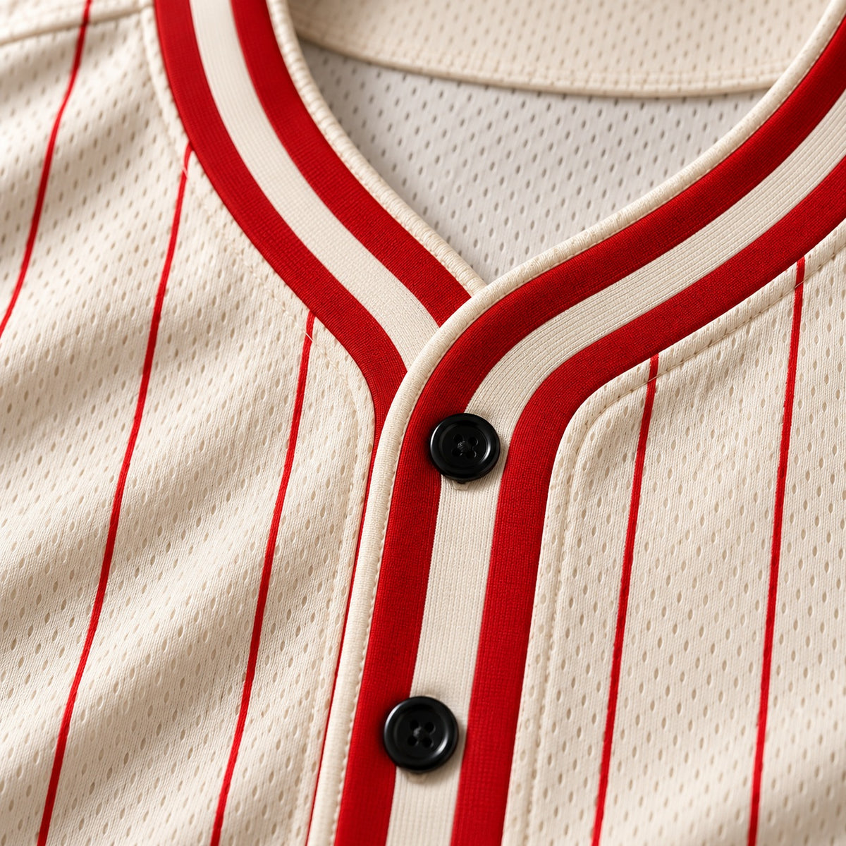 Close-up of the piped V-neck, mesh fabric and black buttons