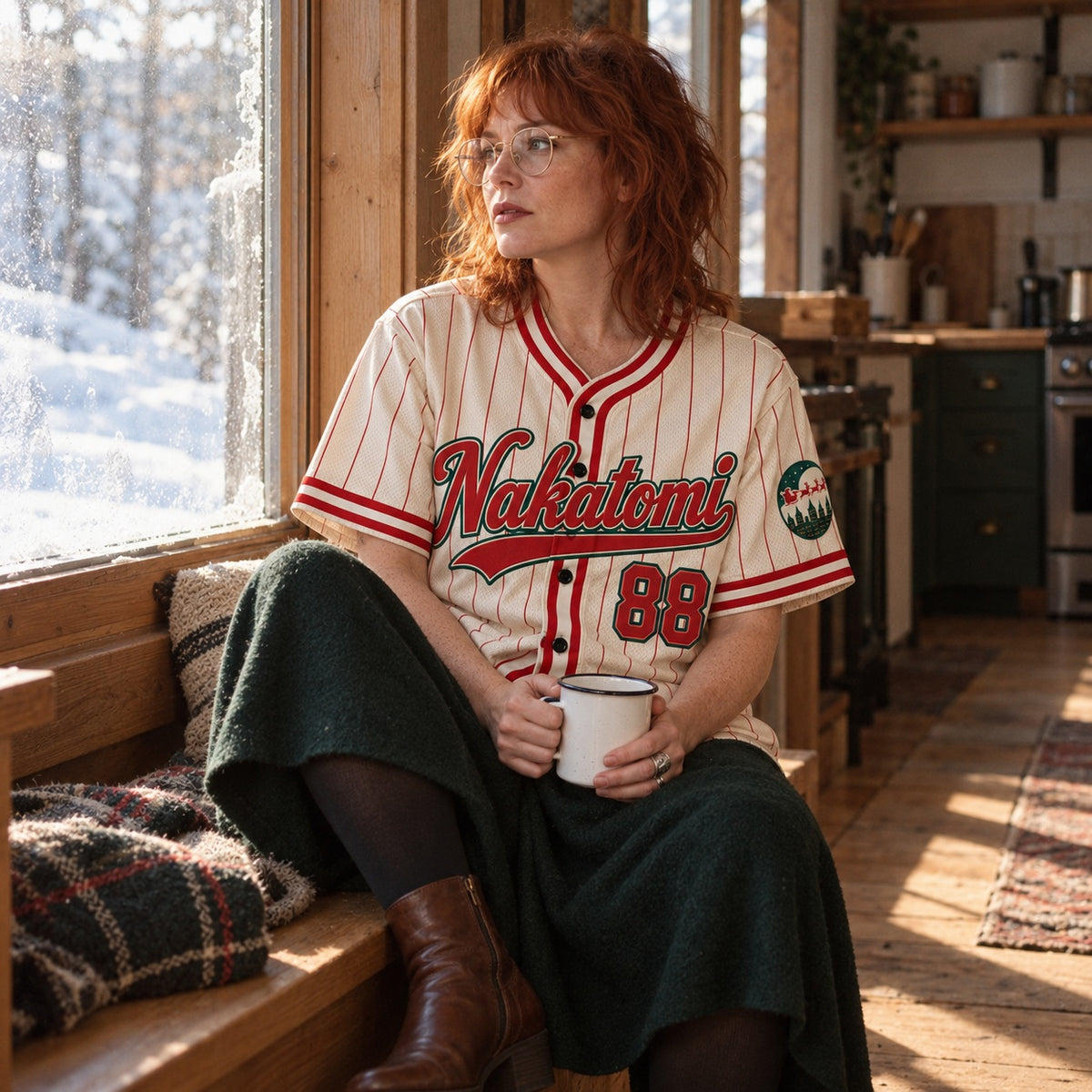 Woman in a Nakatomi 88 baseball jersey with a green skirt on a snowy-day window seat