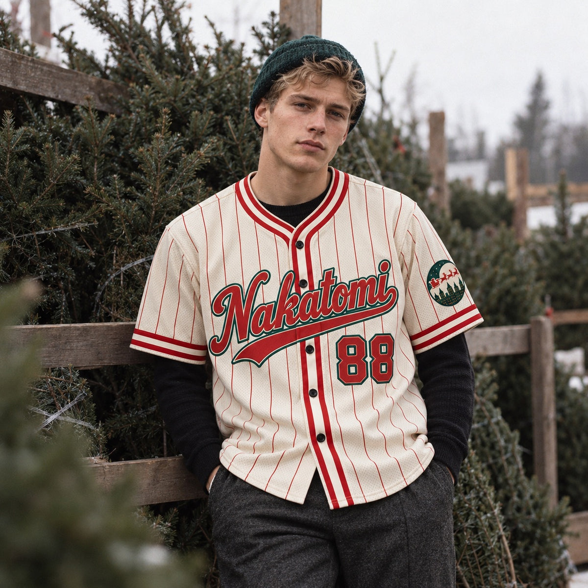 Man in a pinstripe Nakatomi 88 baseball jersey and green beanie at a Christmas tree lot