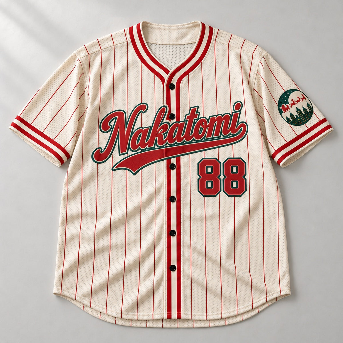 Cream pinstripe Christmas baseball jersey with a red Nakatomi script, number 88 and a sleigh patch, laid flat