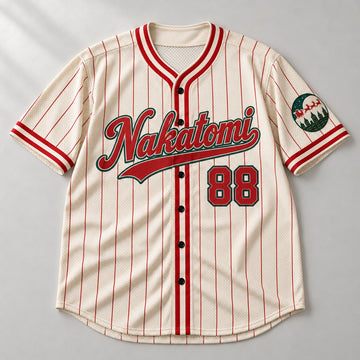 Cream pinstripe Christmas baseball jersey with a red Nakatomi script, number 88 and a sleigh patch, laid flat